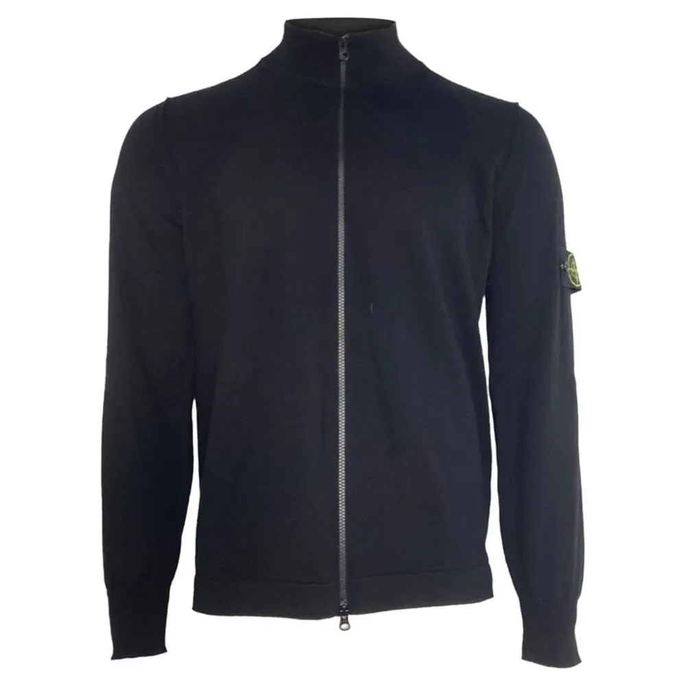 The Stone Island Rib Knit Zip Sweater in Navy Blue Wool